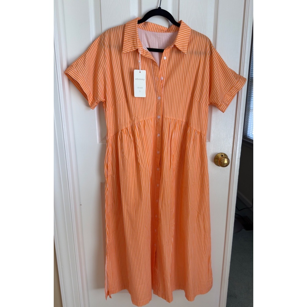 Womens Orange White Striped Button Front Midi Shirt Dress with Pockets L